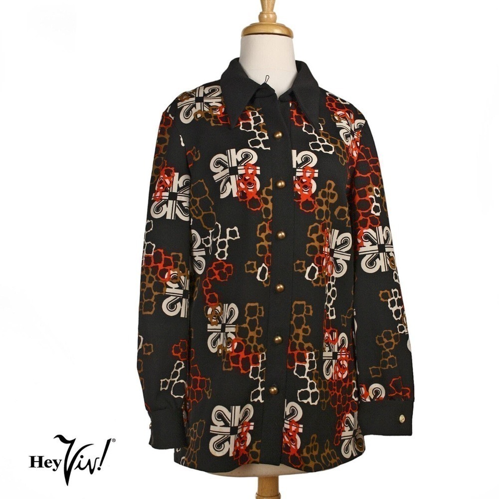 Vintage 70s Puritan Forever Young Geometric Blouse Shirt Sz L B38 W38 - Hey Viv